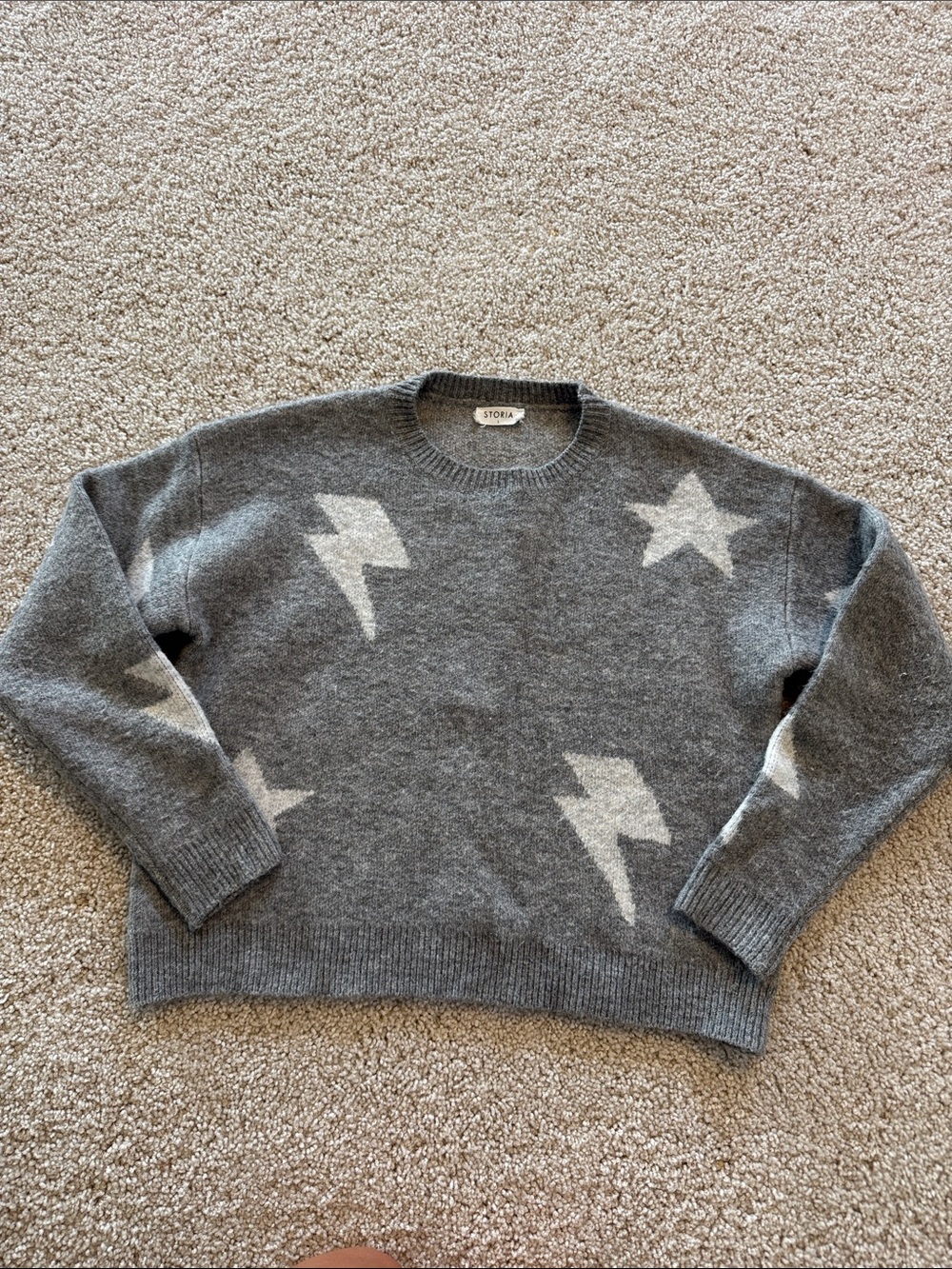 Storia Gray Crewneck Sweater with White Star & Lightning Motifs